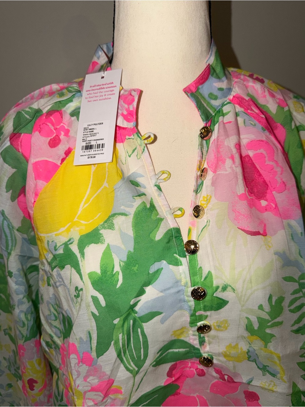 Lilly Pulitzer Floral Balloon-Sleeve Blouse in White, Green & Pink - Picture 6 of 9